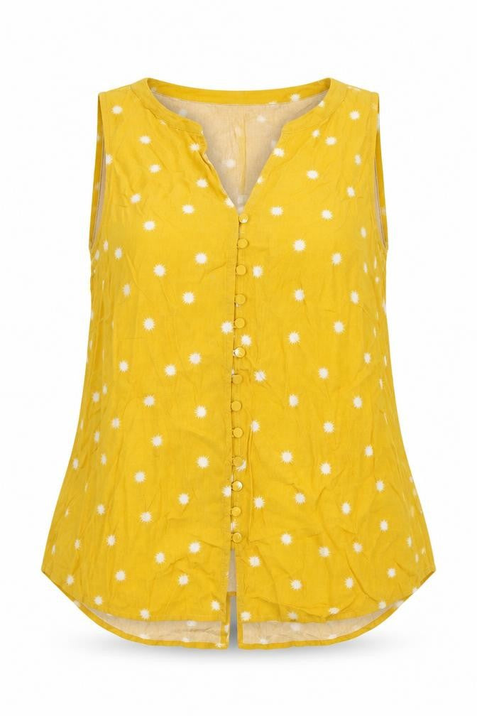 Front view of Apricot women’s yellow geometric viscose basic tank, size UK 12, v-neck