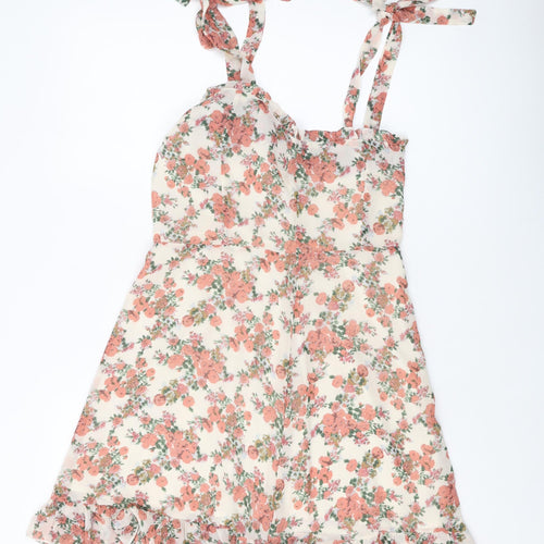 Nasty Gal Womens Pink Floral Polyester A-Line Size 12 Square Neck Zip