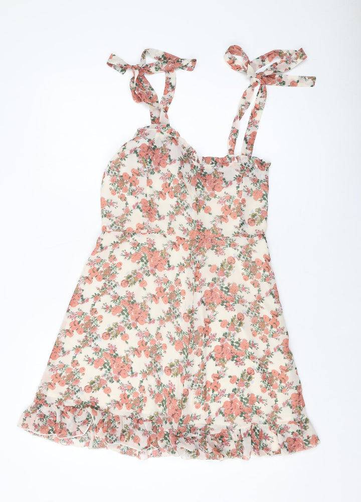 Nasty Gal Womens Pink Floral Polyester A-Line Size 12 Square Neck Zip