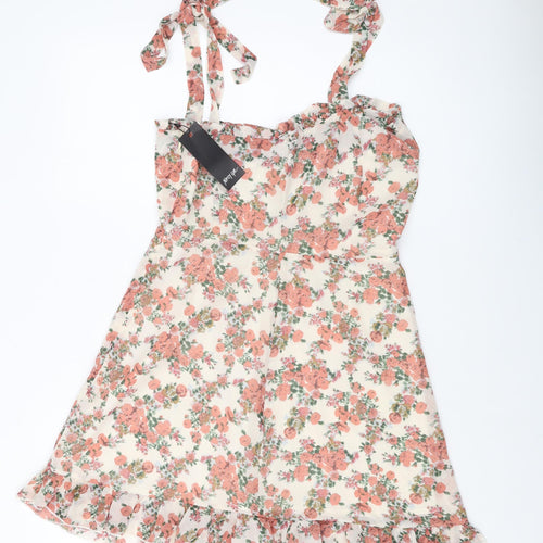Nasty Gal Womens Pink Floral Polyester A-Line Size 12 Square Neck Zip