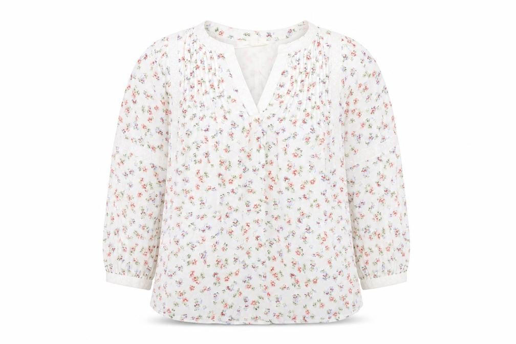 Front view of Per Una women’s white floral viscose basic blouse, size UK 8, v-neck