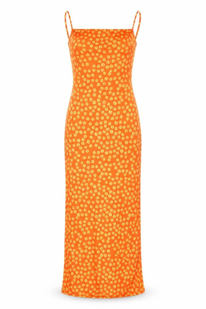 Front view of Katch Me women’s orange floral polyester maxi, size L, square neck pullover