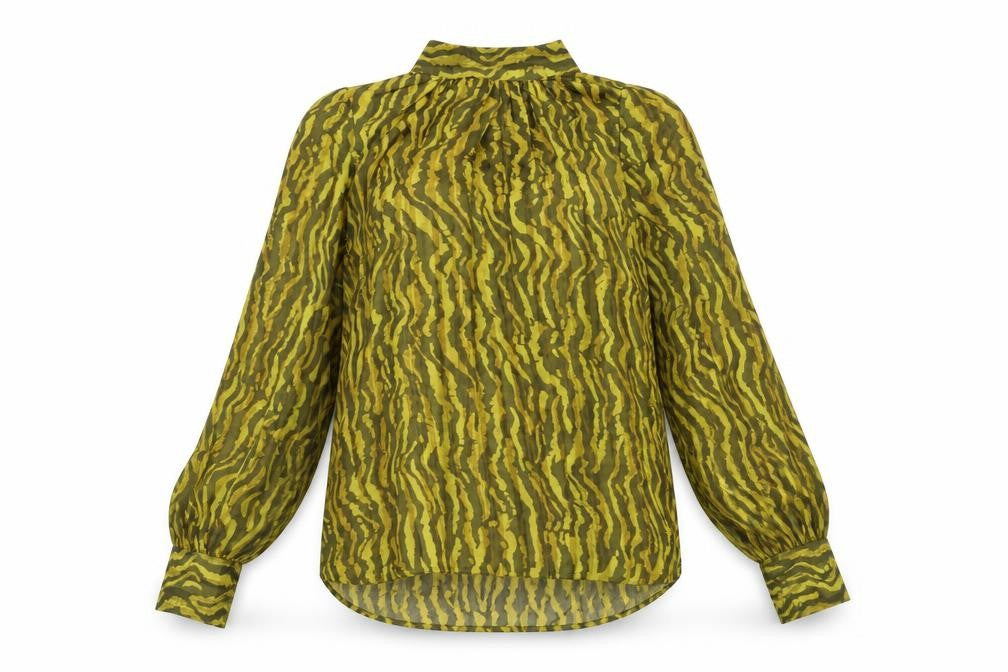 Front view of H&M women’s yellow animal print polyester basic blouse, size M, mock neck