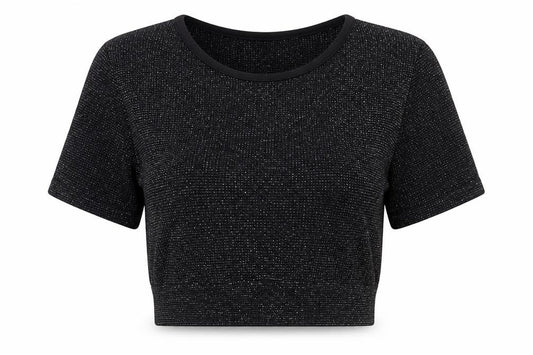 Front view of PRETTYLITTLETHING women’s black polyamide cropped t-shirt, size M, round neck