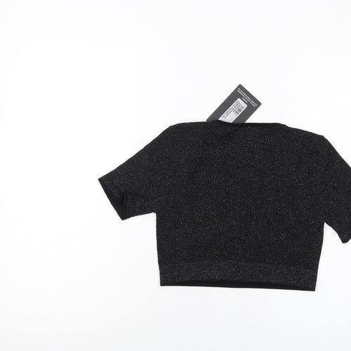 PRETTYLITTLETHING Womens Black Polyamide Cropped T-Shirt Size M Round Neck