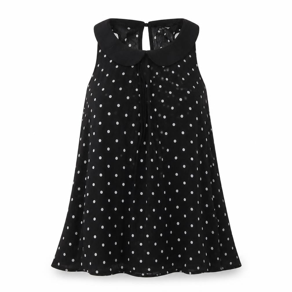 Front view of H&M women’s black polka dot polyester basic blouse, size UK 8, collared