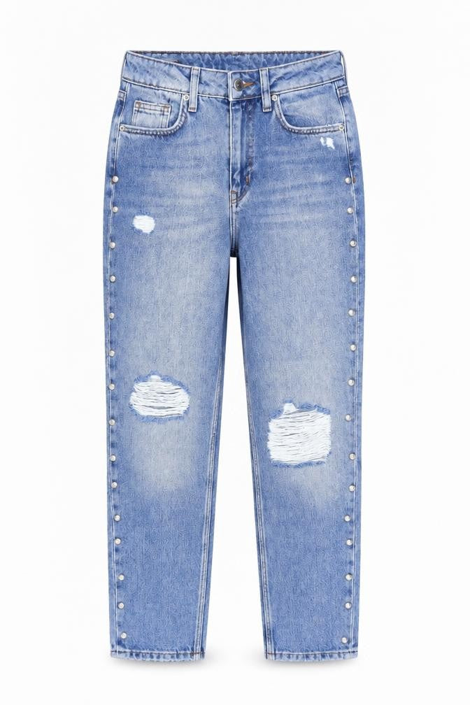 Front view of H&M women’s blue cotton mom jeans, size UK 10, 27-inch leg regular button