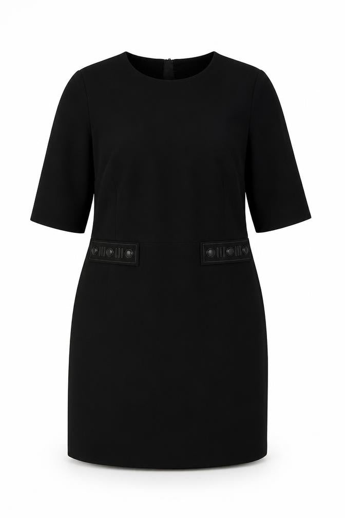 Front view of H&M women’s black polyester a-line, size UK 14, round neck zip