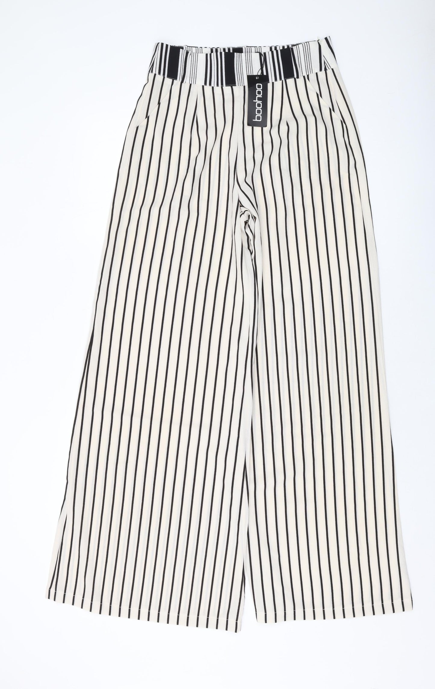 Boohoo Womens Beige Striped Polyester Trousers Size 10 L31 in Regular Zip