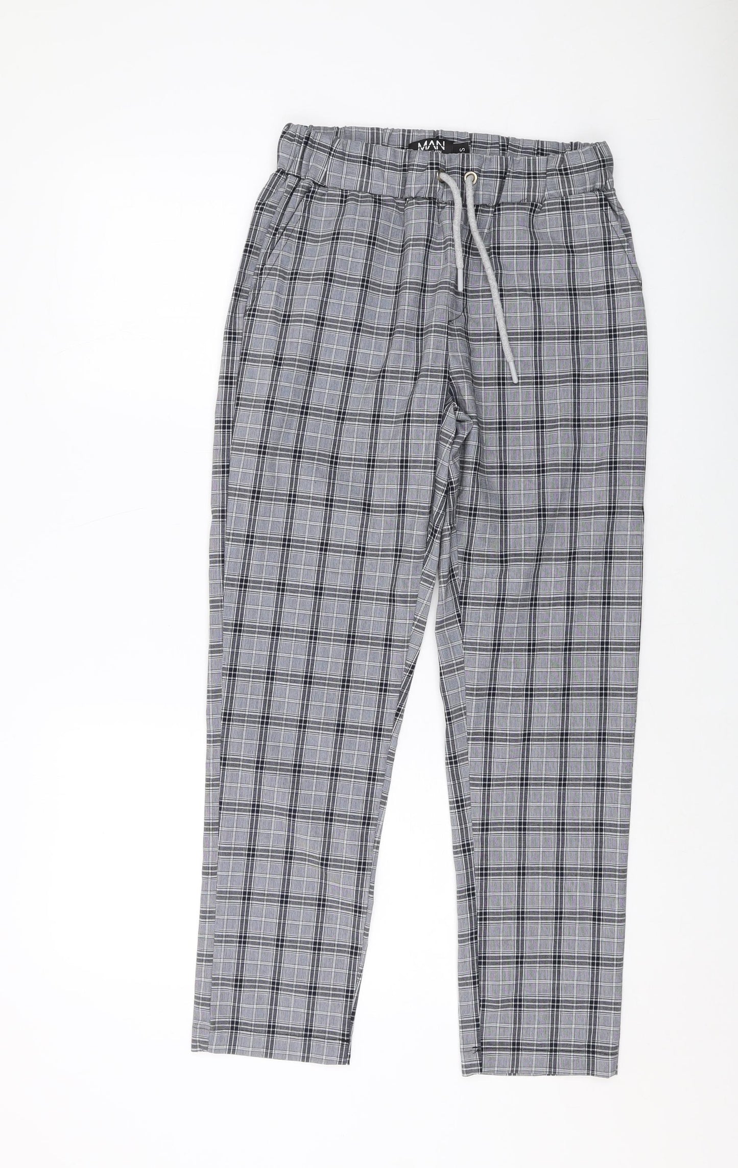 Boohoo Mens Grey Plaid Polyester Pyjama Pants Size S Drawstring