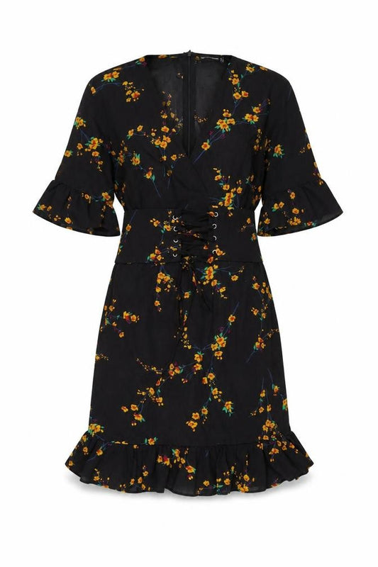 Front view of PRETTYLITTLETHING women’s black floral polyester mini, size UK 10, v-neck zip