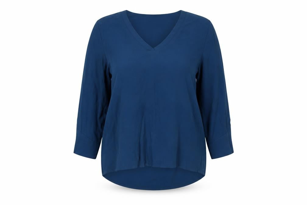 Front view of Object women’s blue viscose basic blouse, size UK 12, v-neck