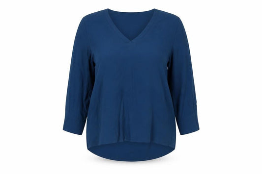 Front view of Object women’s blue viscose basic blouse, size UK 12, v-neck