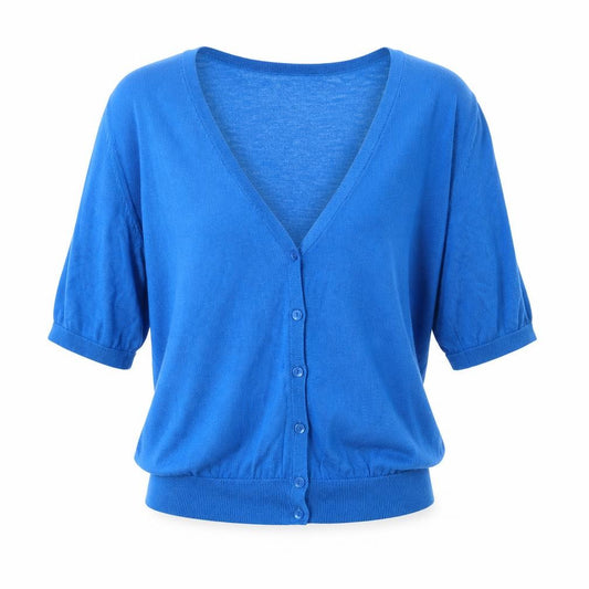 Front view of H&M women’s blue v-neck lyocell shrug jumper, size L