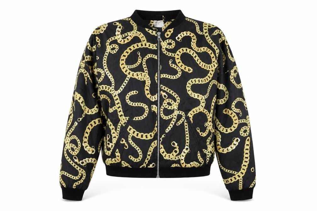 Front view of H&M women’s black geometric bomber jacket jacket, size XS, zip