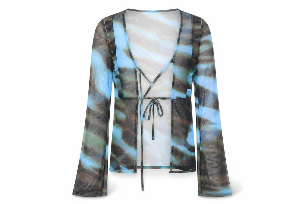 Front view of PRETTYLITTLETHING women’s multicoloured geometric polyester kimono blouse, size UK 8, v-neck