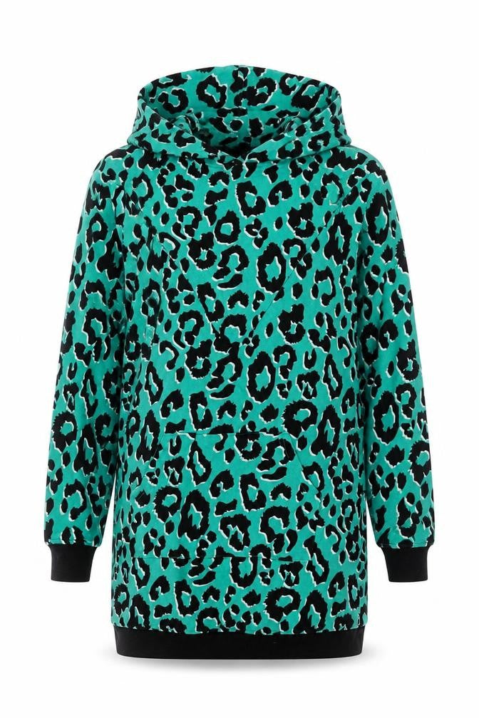 Front view of Tilbed women’s green animal print cotton pullover hoodie, size M, pullover