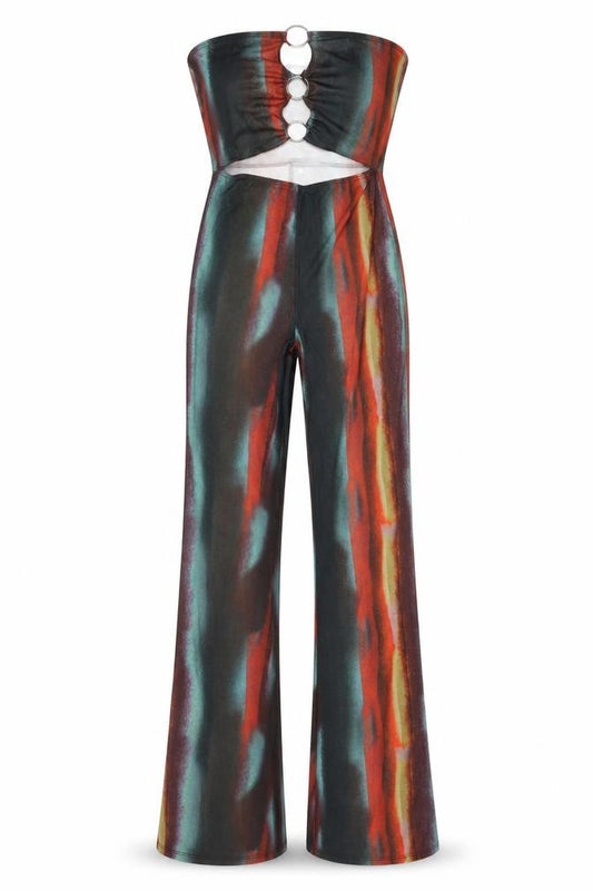 Front view of PRETTYLITTLETHING women’s multicoloured striped polyester jumpsuit one-piece, size UK 8, pullover