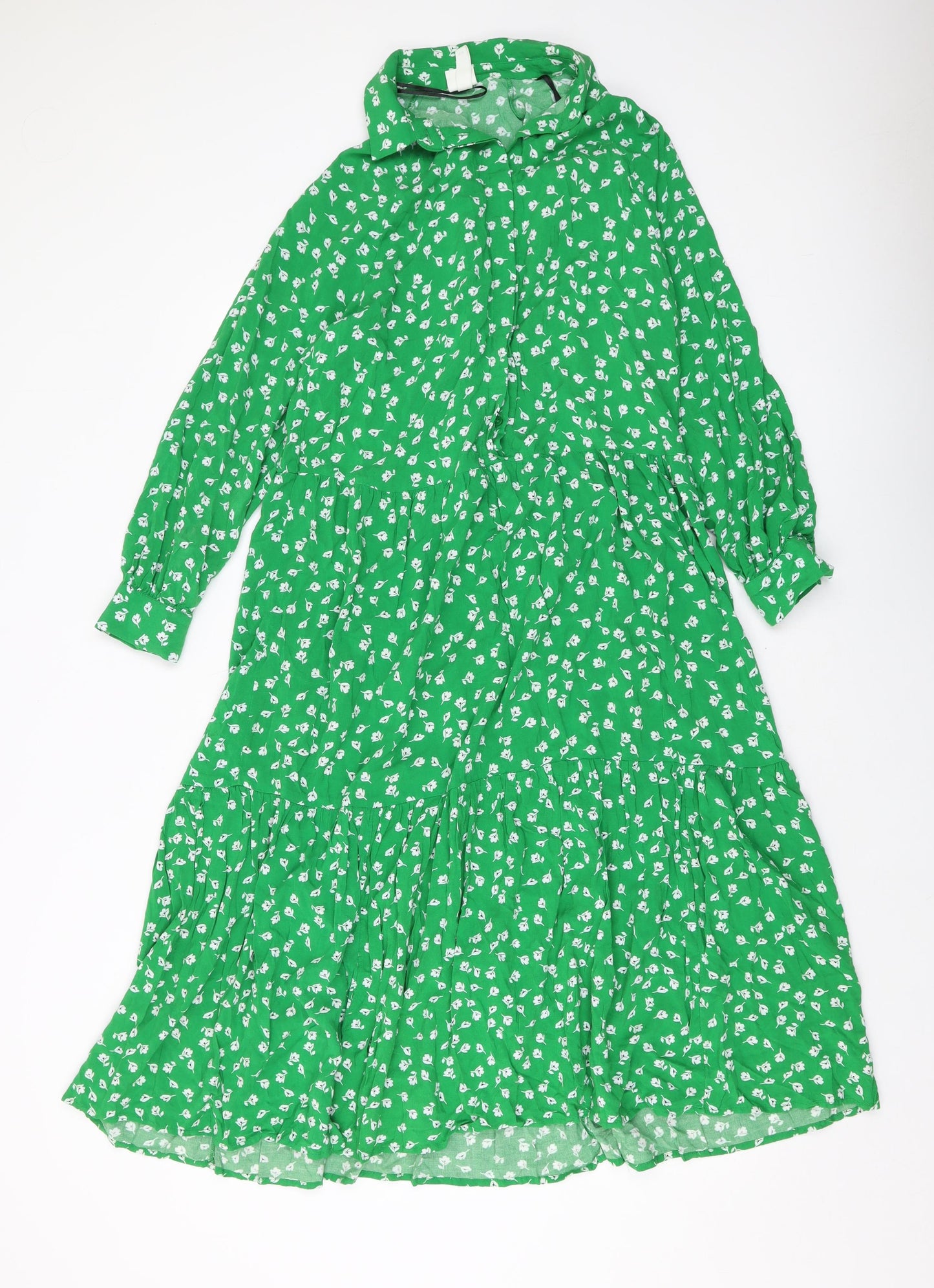 H&M Womens Green Geometric Viscose A-Line Size XS Collared Button