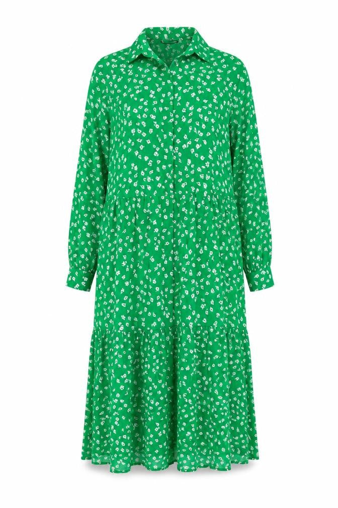 Front view of H&M women’s green geometric viscose a-line, size XS, collared button