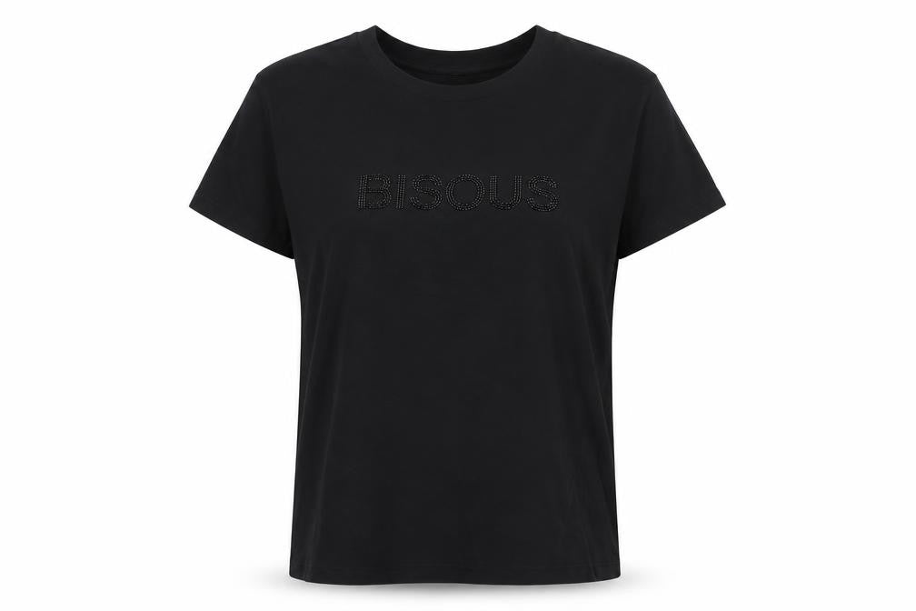 Front view of H&M women’s black cotton basic t-shirt, size L, crew neck
