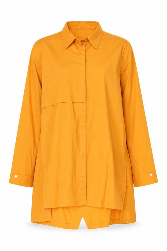 Front view of Heaven Lab women’s orange polyester tunic button-up, size M, collared