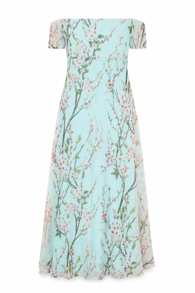 Front view of Boohoo women’s blue floral polyester a-line, size UK 10, square neck zip