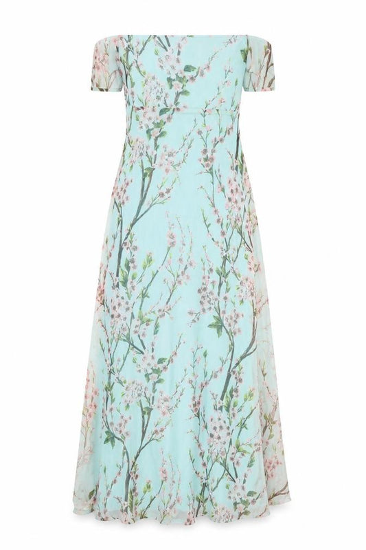 Front view of Boohoo women’s blue floral polyester a-line, size UK 10, square neck zip