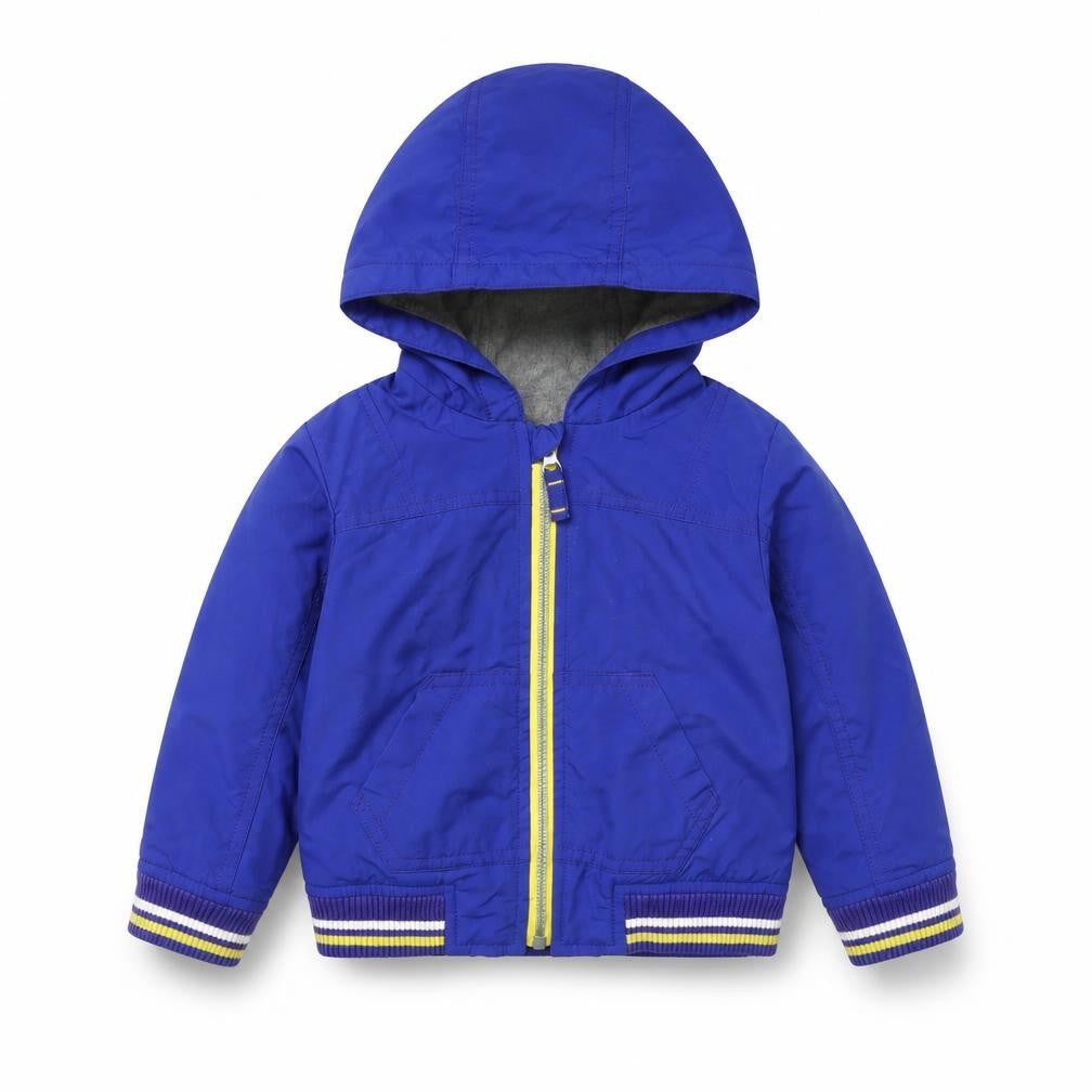 Front view of Mini Club boys’ blue jacket, size 2, years zip