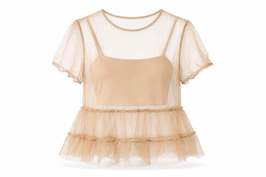 Front view of Zra women’s beige polyester basic blouse, size S, round neck
