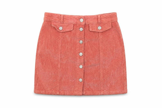 Front view of SO. women’s pink cotton mini skirt, size UK 28, in button