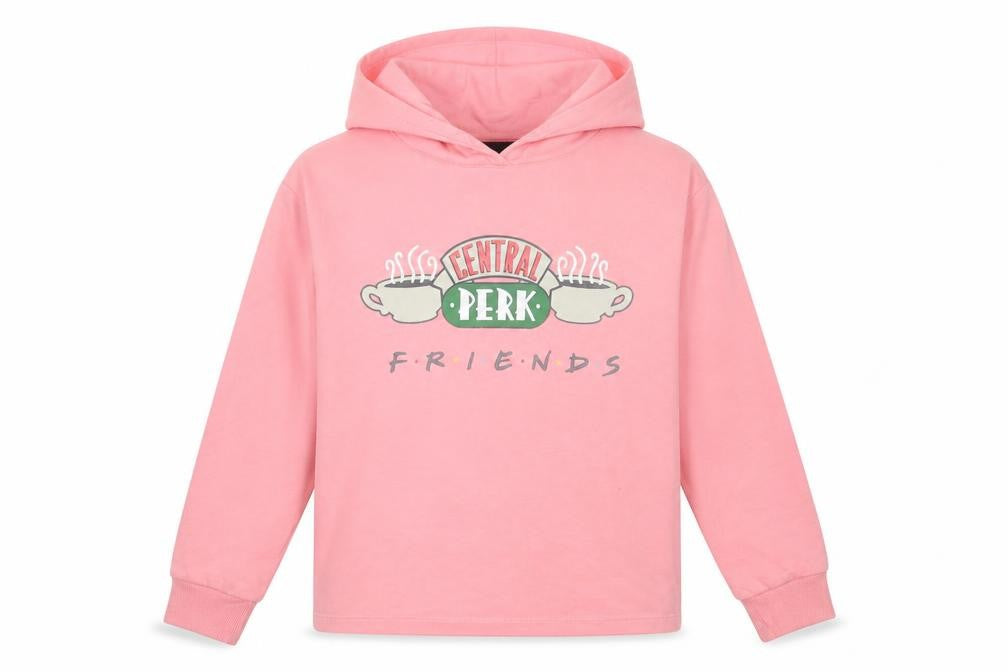 Front view of FRIENDS girls’ pink cotton pullover hoodie, size 12-13, years pullover