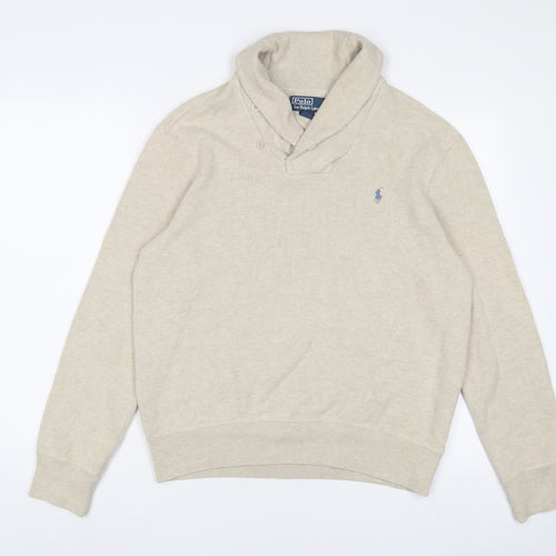 Ralph Lauren Mens Beige V-Neck Cotton Pullover Jumper Size M Long Sleeve