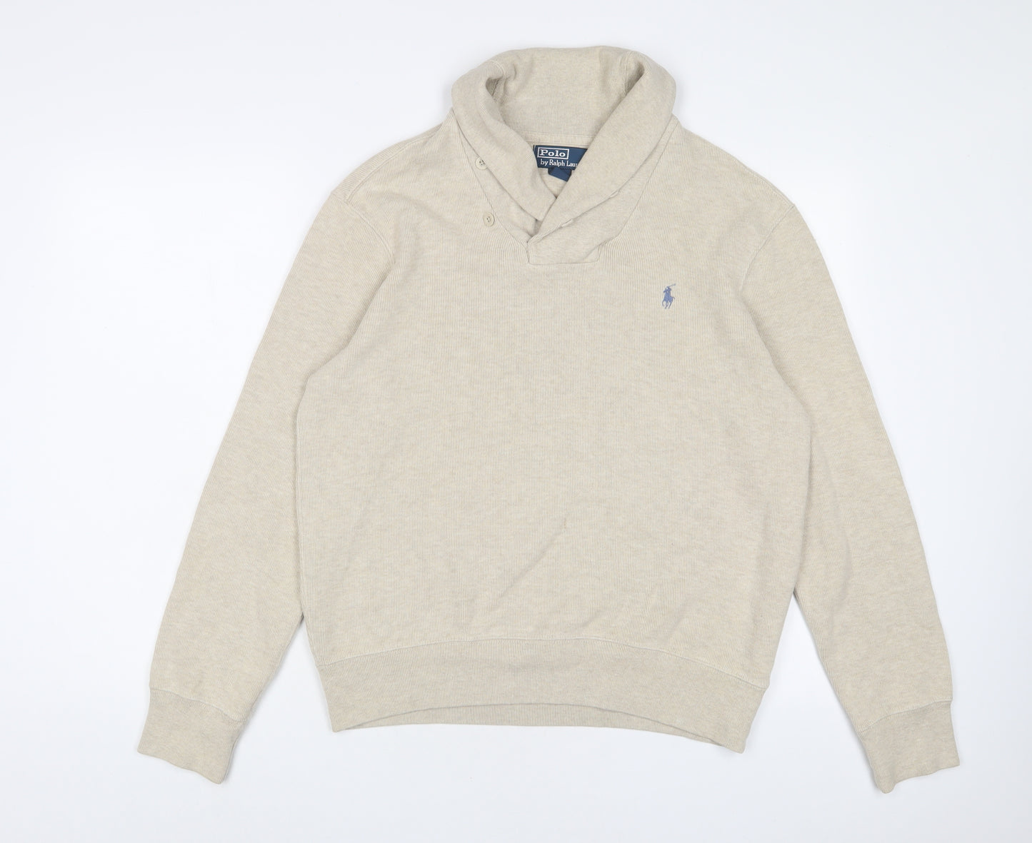 Ralph Lauren Mens Beige V-Neck Cotton Pullover Jumper Size M Long Sleeve