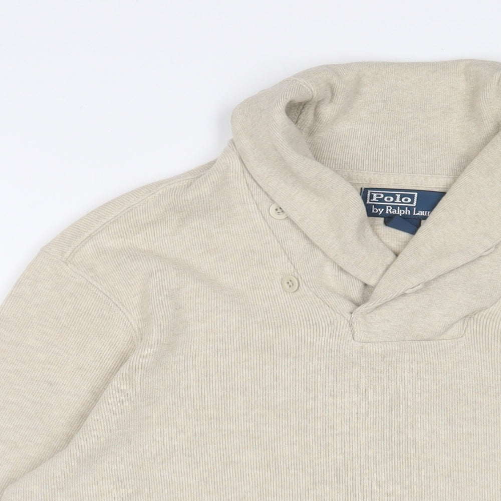 Ralph Lauren Mens Beige V-Neck Cotton Pullover Jumper Size M Long Sleeve