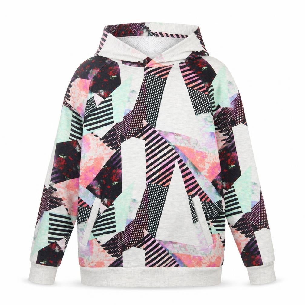 Front view of Next women’s multicoloured geometric cotton pullover hoodie, size UK 10, pullover