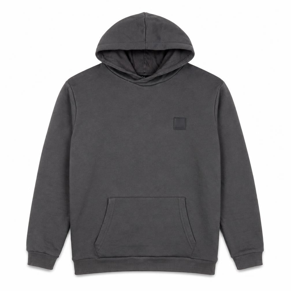 Front view of Boohoo men’s grey cotton pullover hoodie, size M