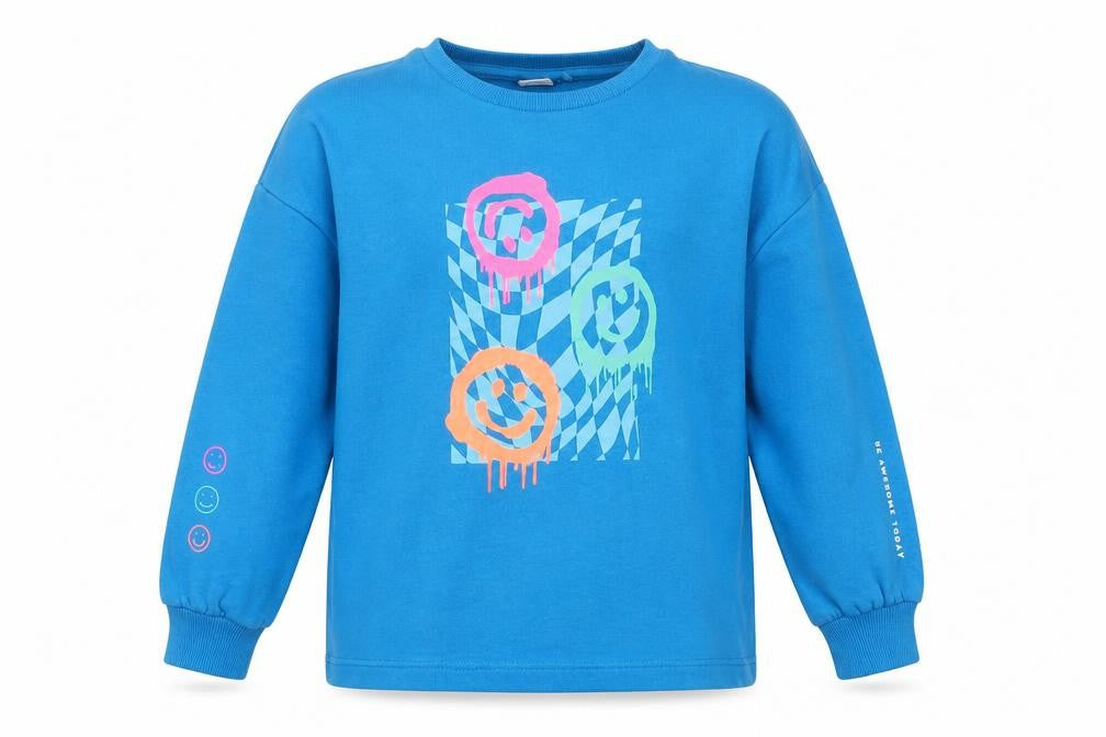 Front view of Next girls’ blue cotton pullover sweatshirt, size 10, years pullover