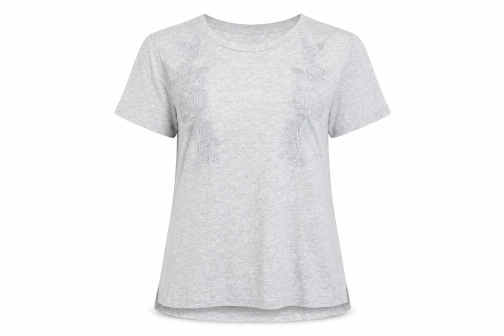 Front view of Next women’s grey fair isle cotton basic t-shirt, size UK 16, collared - embroidered