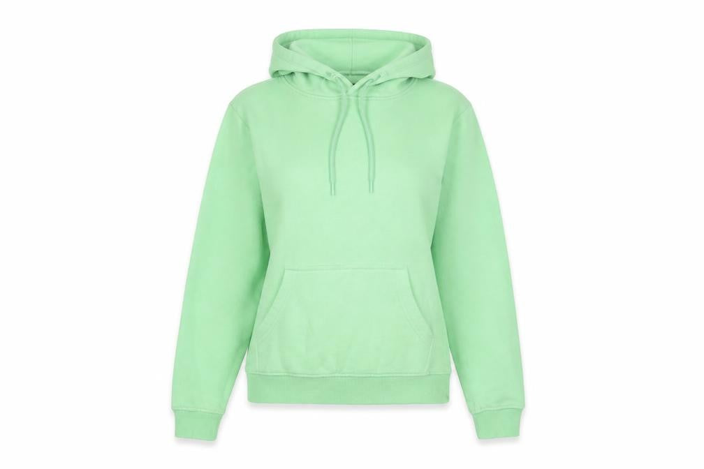 Front view of PRETTYLITTLETHING women’s green cotton pullover hoodie, size S, pullover