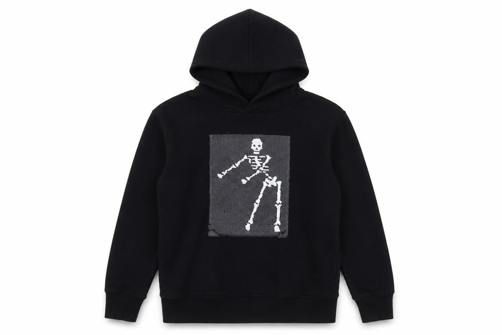 Front view of Gap boys’ black cotton pullover hoodie, size 12-13, years pullover - sequins