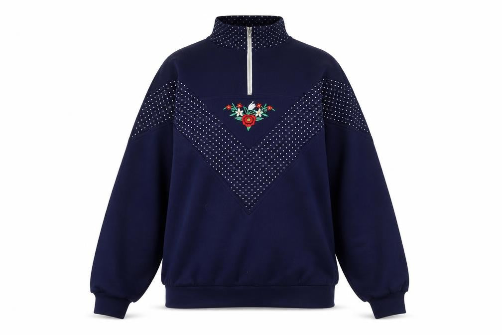 Front view of le charlade women’s blue floral acrylic pullover sweatshirt, size M, zip