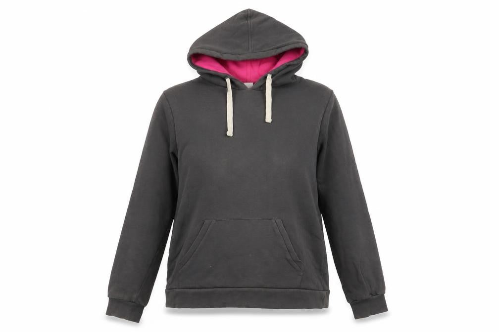 Front view of Epona Clothing women’s grey cotton pullover hoodie, size L, pullover