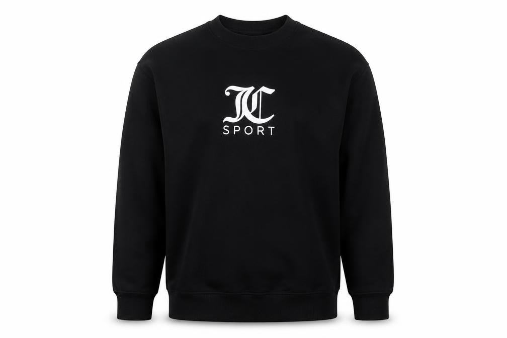 Front view of Juicy Couture men’s black cotton pullover sweatshirt, size XL