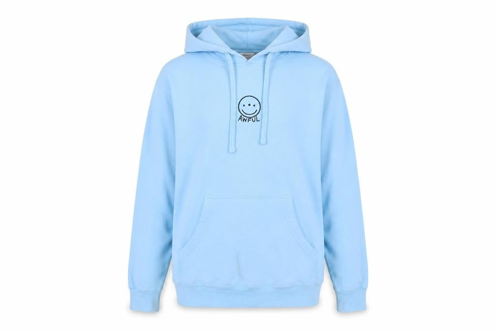 Front view of Awful women’s blue cotton pullover hoodie, size S, pullover - embroidered