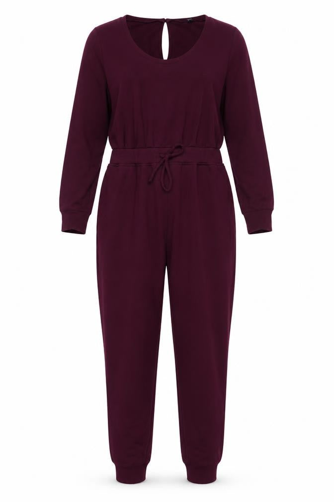 Front view of Gap women’s purple polyester jumpsuit one-piece, size S, 30-inch leg button
