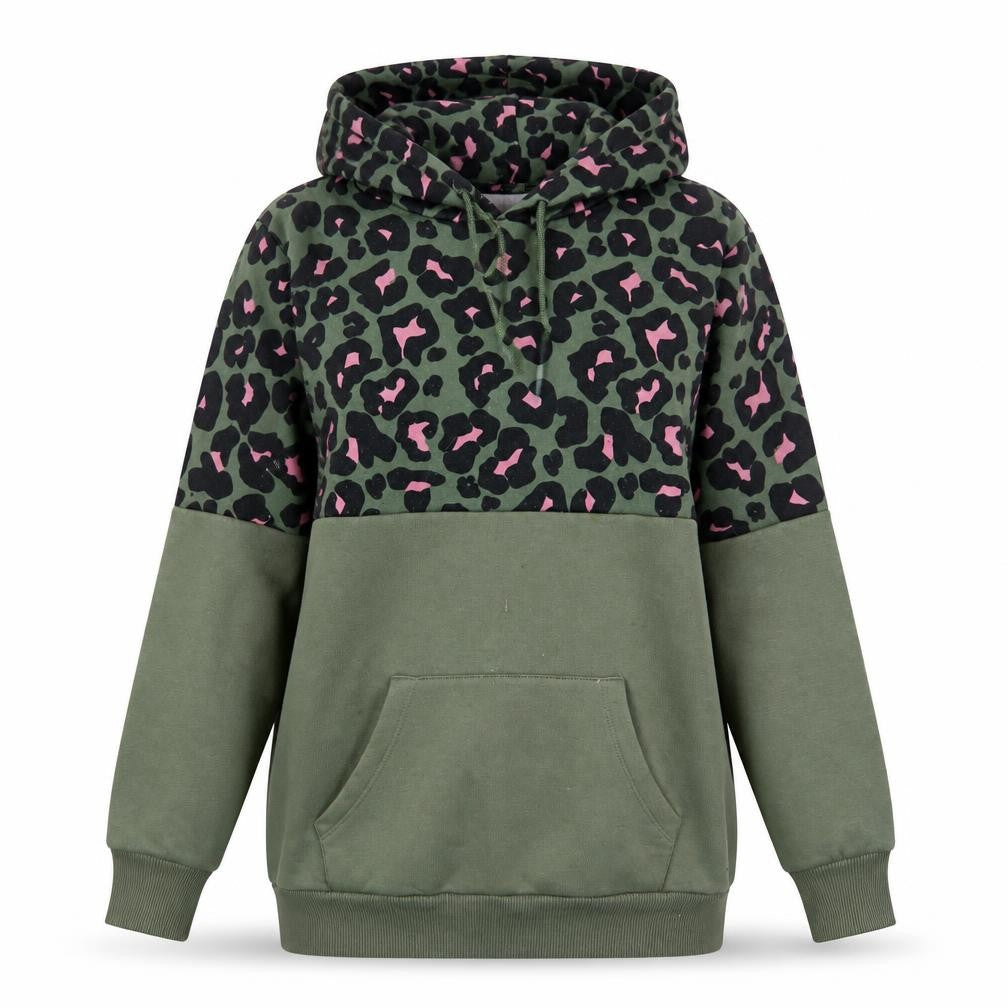 Front view of Next women’s green animal print cotton pullover hoodie, size S, pullover