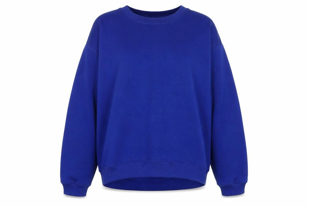 Front view of PRETTYLITTLETHING women’s blue cotton pullover sweatshirt, size M, pullover