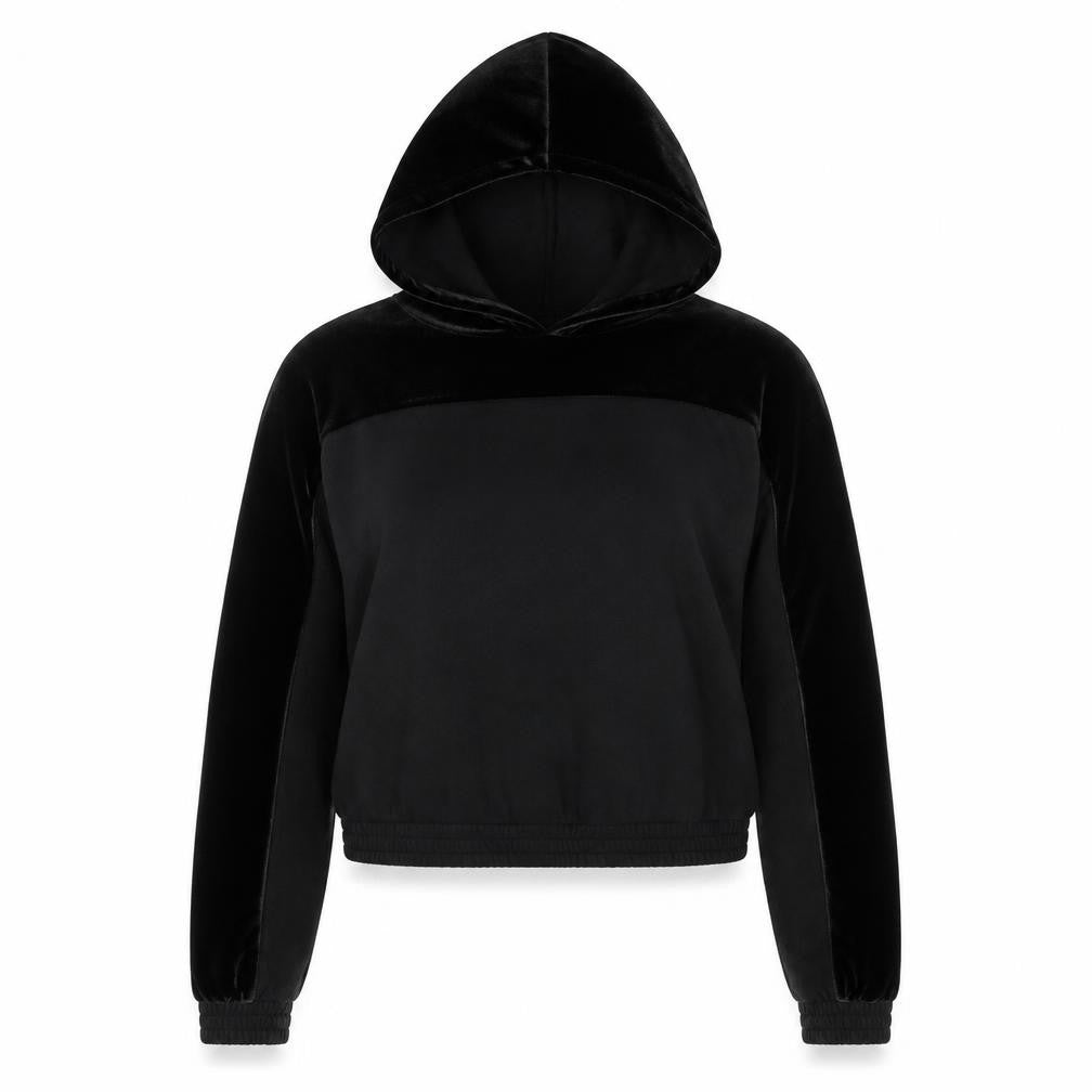 Front view of PINK women’s black cotton pullover hoodie, size S, pullover