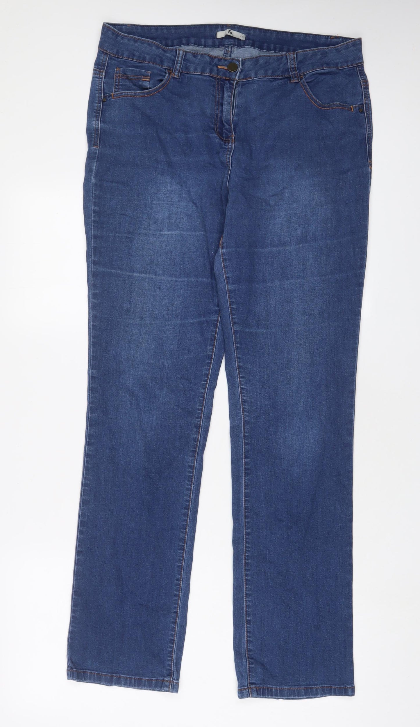 TU Womens Blue Cotton Straight Jeans Size 14 L32 in Regular Zip